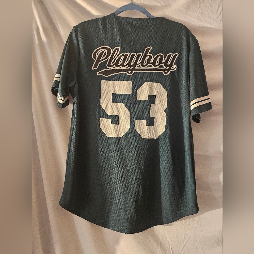 Playboy Men's‎ Green Button Up Baseball Jersey Short Sleeve Bunny Size Sm
